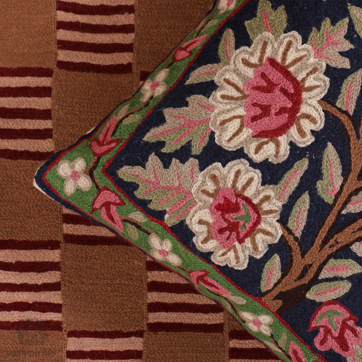 Navy n Pink Floral Bouquet Handmade Cushion Cover - KashmirBox.com