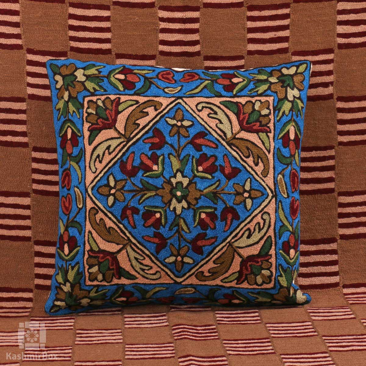 Azure Blue Floral Vine Handmade Cushion Cover (Set of 3) - Kashmir Box