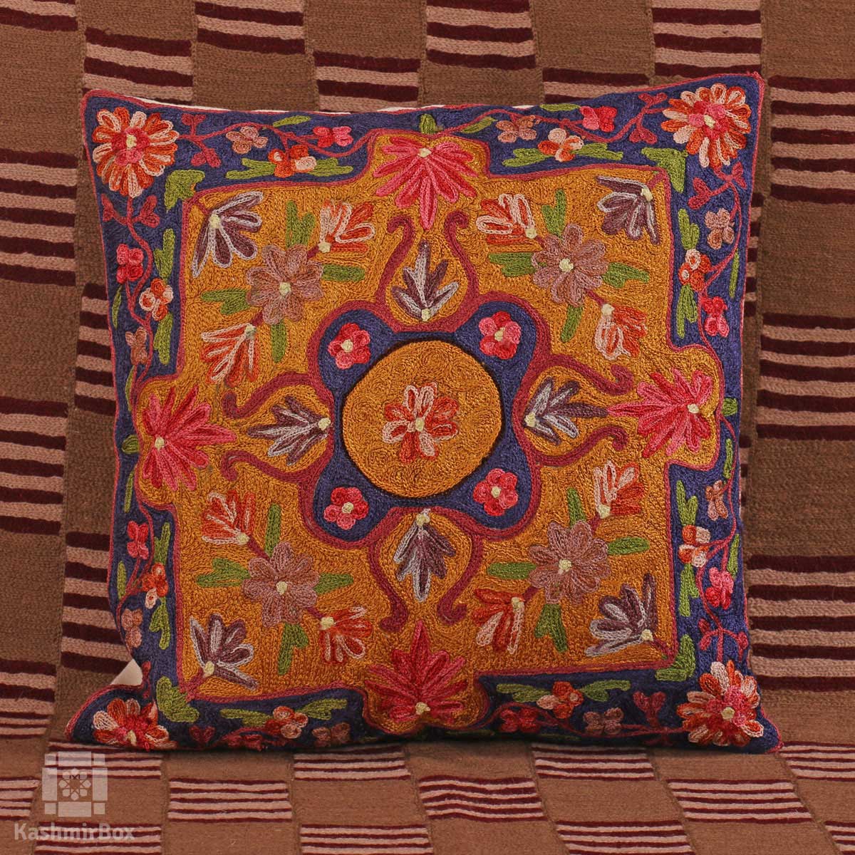 Denim Blue Flowery Cushion Cover (Set of 3) - KashmirBox.com