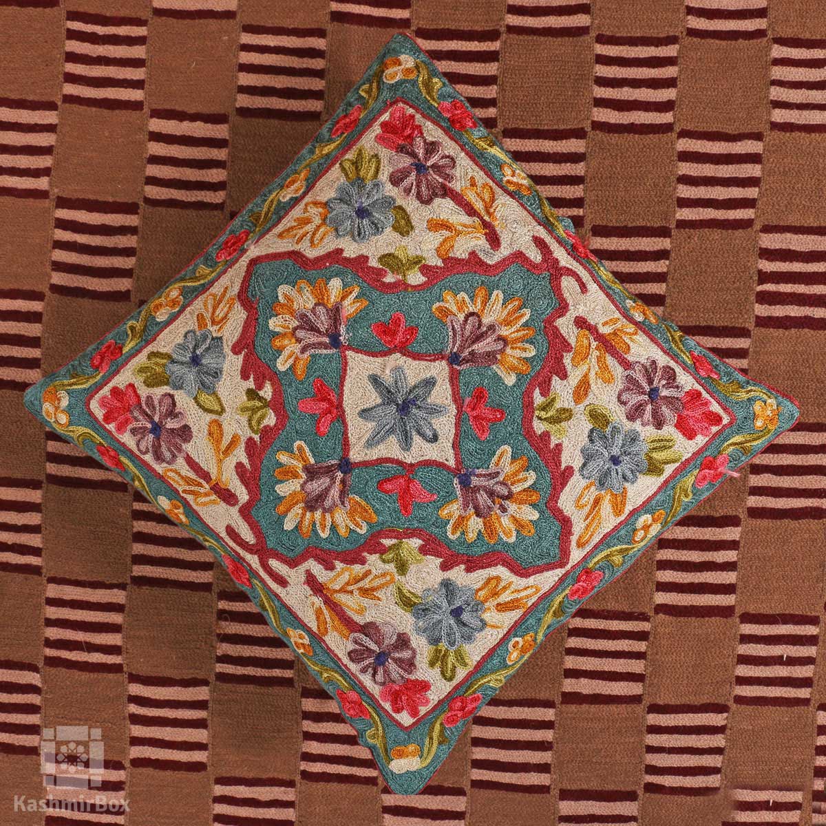 Green Diamond Flowery Cushion Cover(Set of 3) - KashmirBox.com