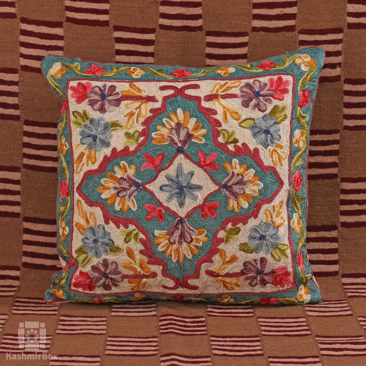 Green Diamond Flowery Cushion Cover(Set of 3) - KashmirBox.com