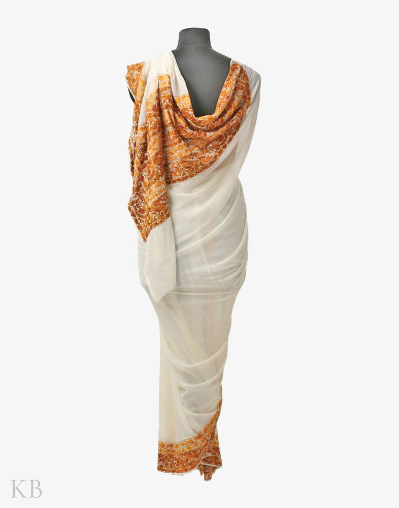 White And Gold Aari Embroidered Georgette Saree - Kashmir Box