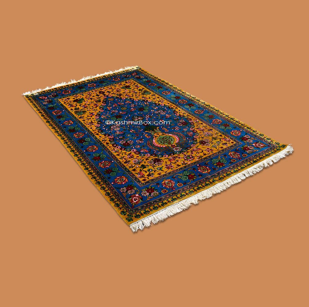 Ink Blue Gulabdar Silk Carpet - KashmirBox.com