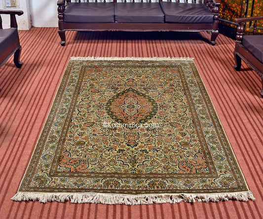 Cream Kashan Silk Carpet - KashmirBox.com