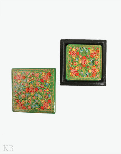 Olive Green Floret Square Paper Mache Coaster Set - Kashmir Box