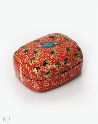 Crimson Red Bird Motif Paper Mache Trinket Box - Kashmir Box
