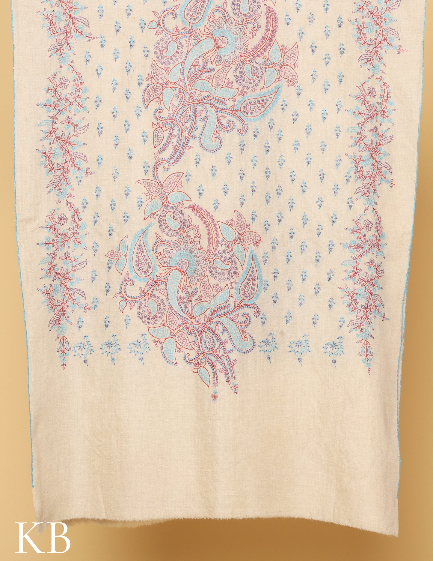 White Sozni Embroidered Pure Pashmina Stole - Kashmir Box