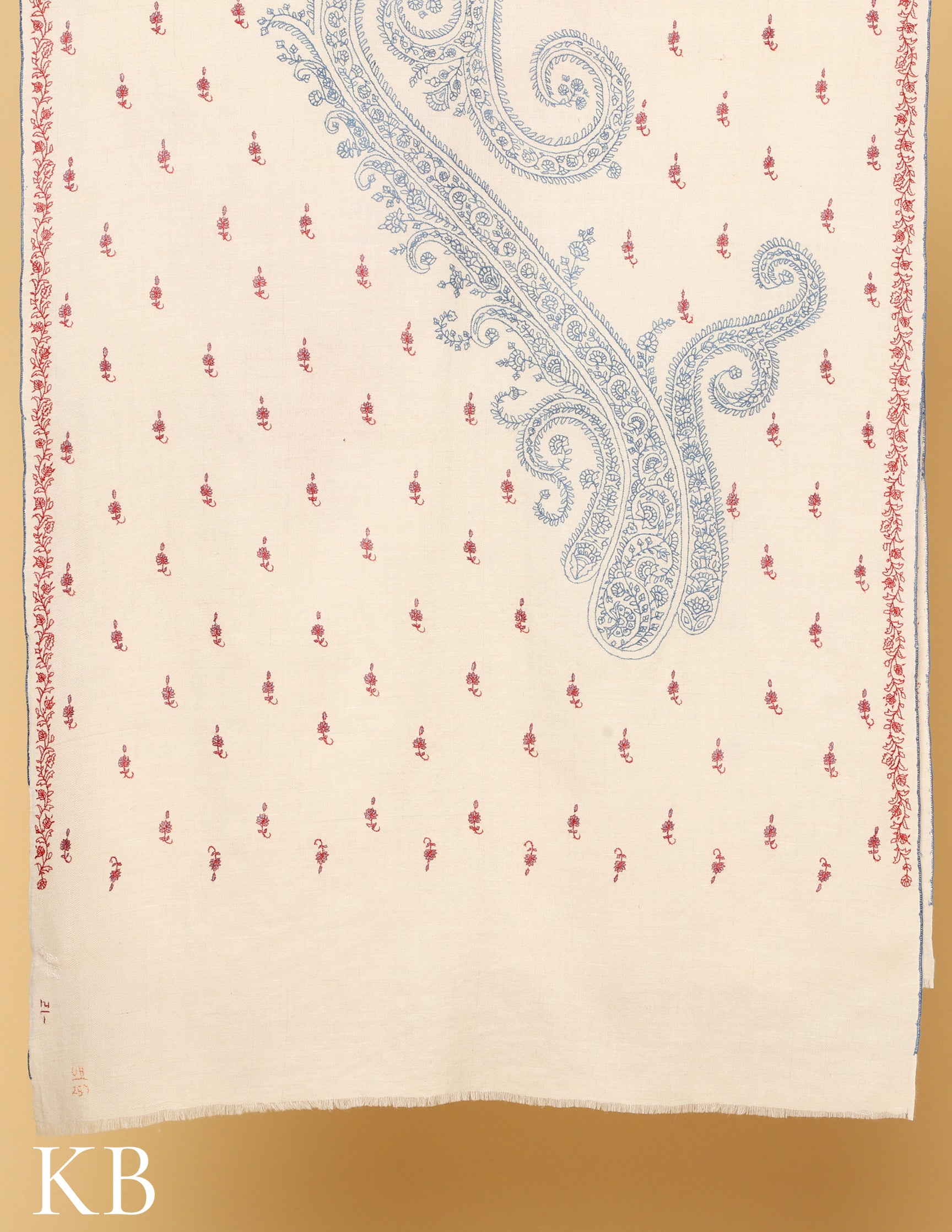 Ivory Sozni Embroidered Pure Pashmina Stole - Kashmir Box