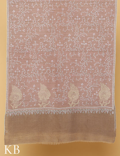 Pastel Stripped Brown Sozni Embroidered Pure Pashmina Stole - Kashmir Box