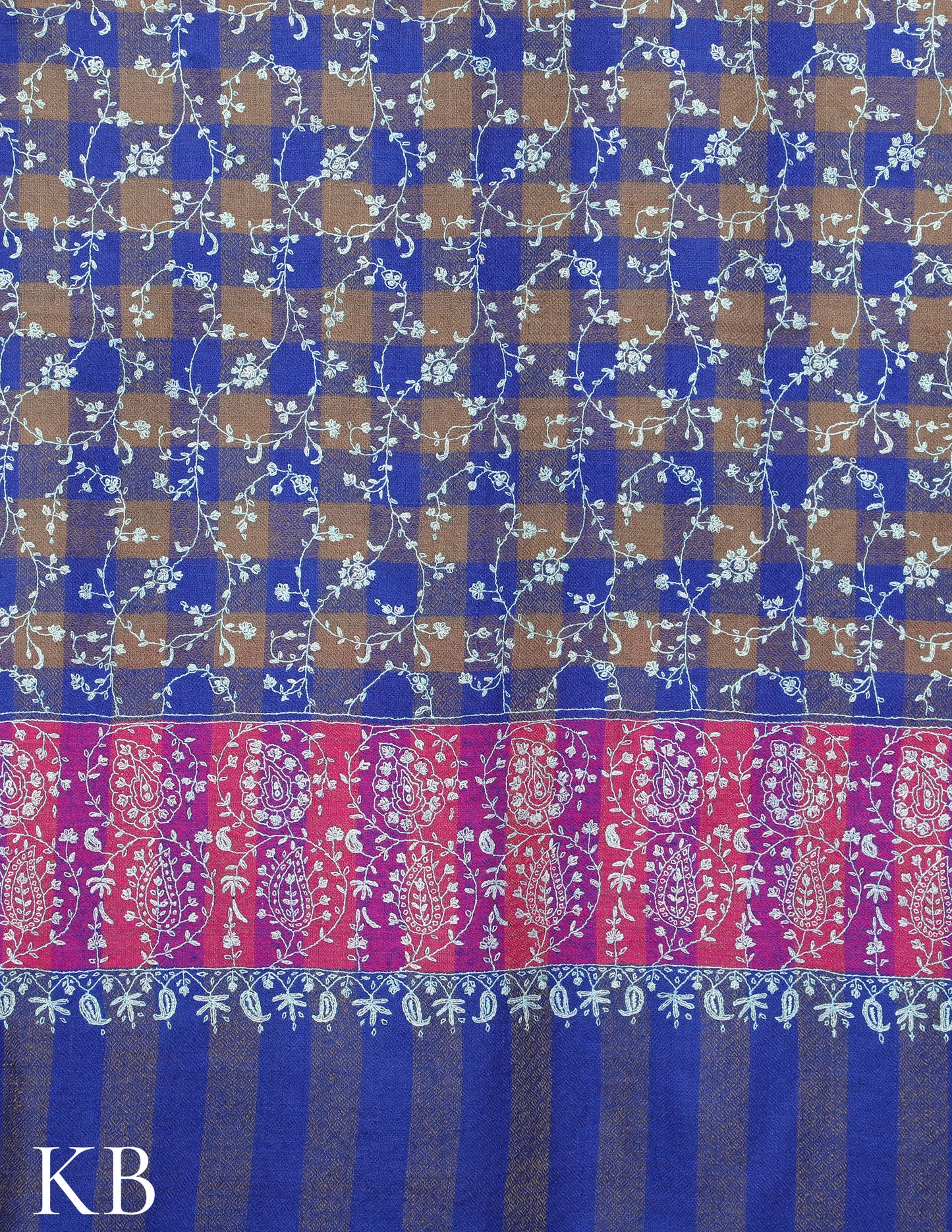 Blue Striped and checked Sozni Embroidered Pure Pashmina Stole - Kashmir Box
