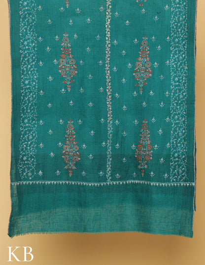 Dark Cyan Sozni Embroidered Pure Pashmina Stole - Kashmir Box