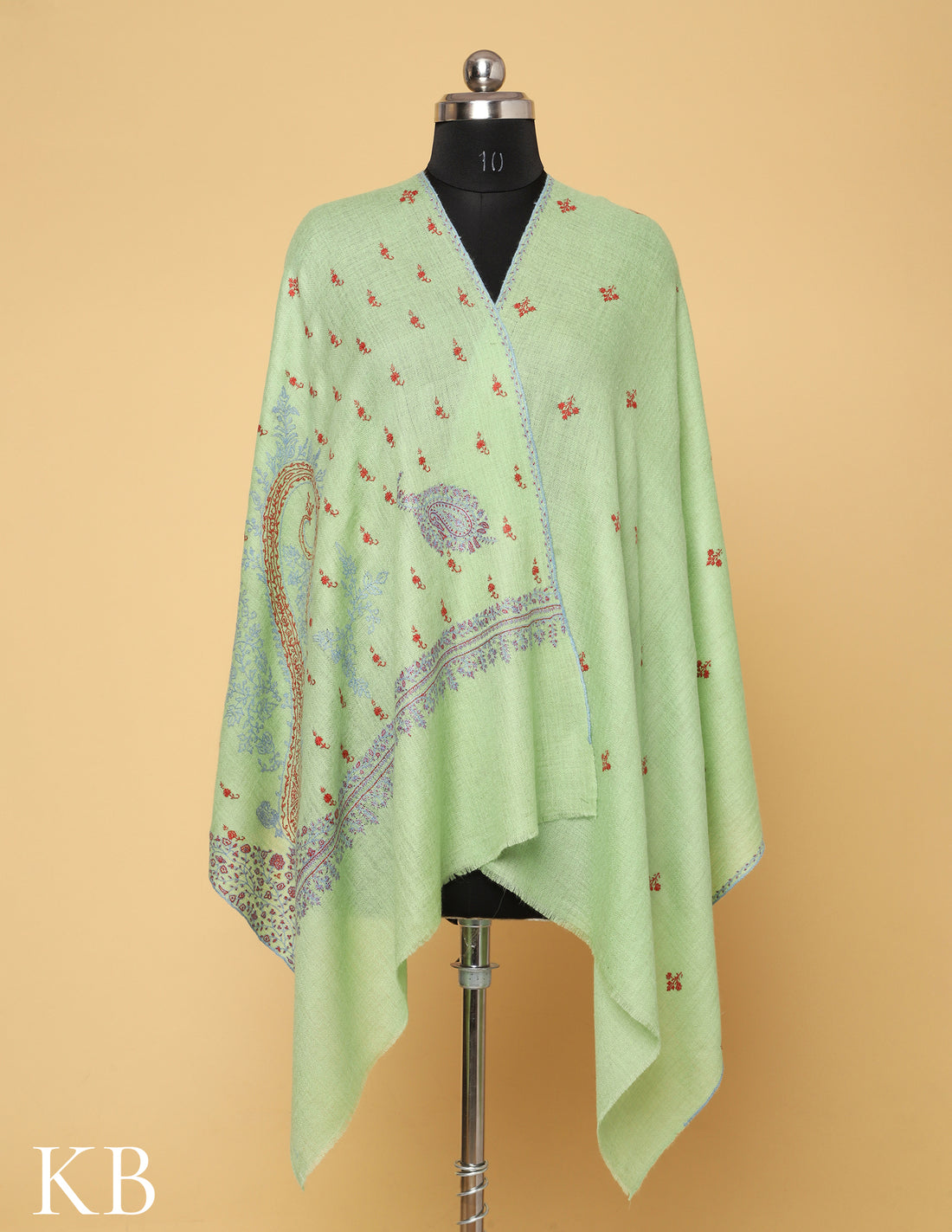 Pista Green Sozni Embroidered Pure Pashmina Stole - Kashmir Box
