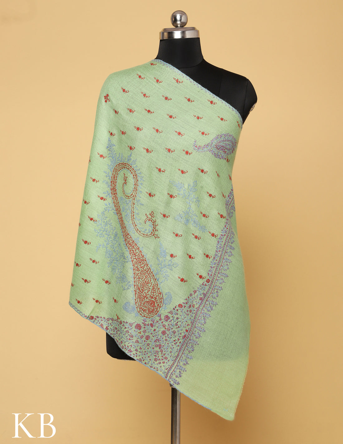 Pista Green Sozni Embroidered Pure Pashmina Stole - Kashmir Box