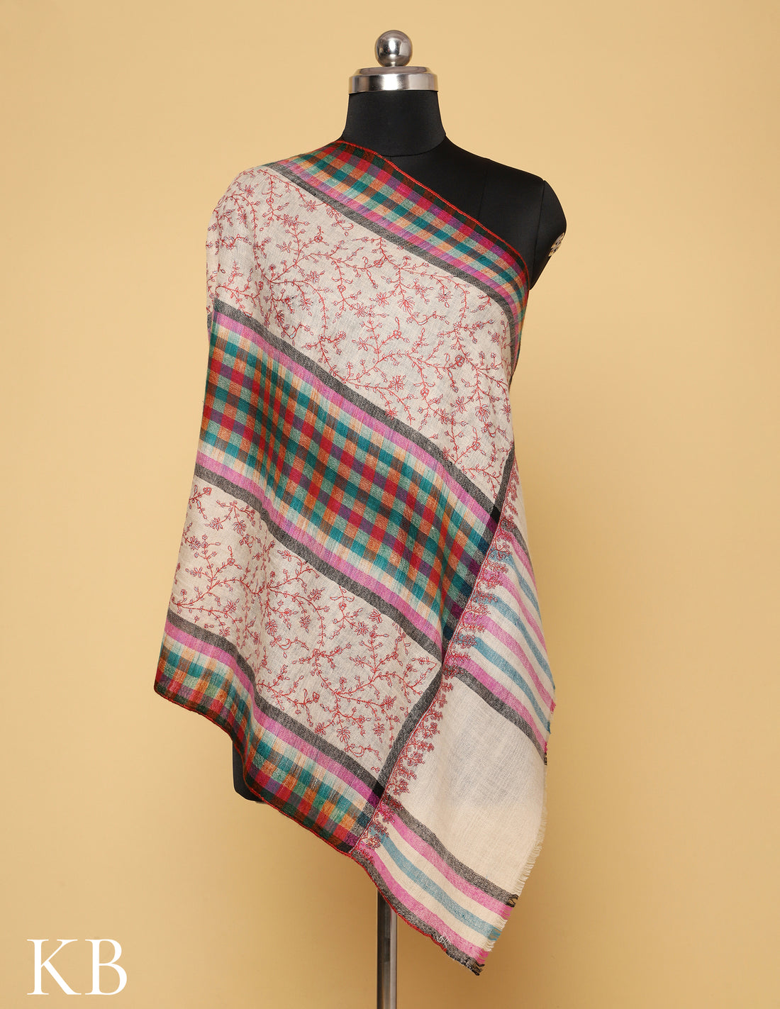 Off White Sozni Embroidered and checked Palla Pure Pashmina Stole - Kashmir Box