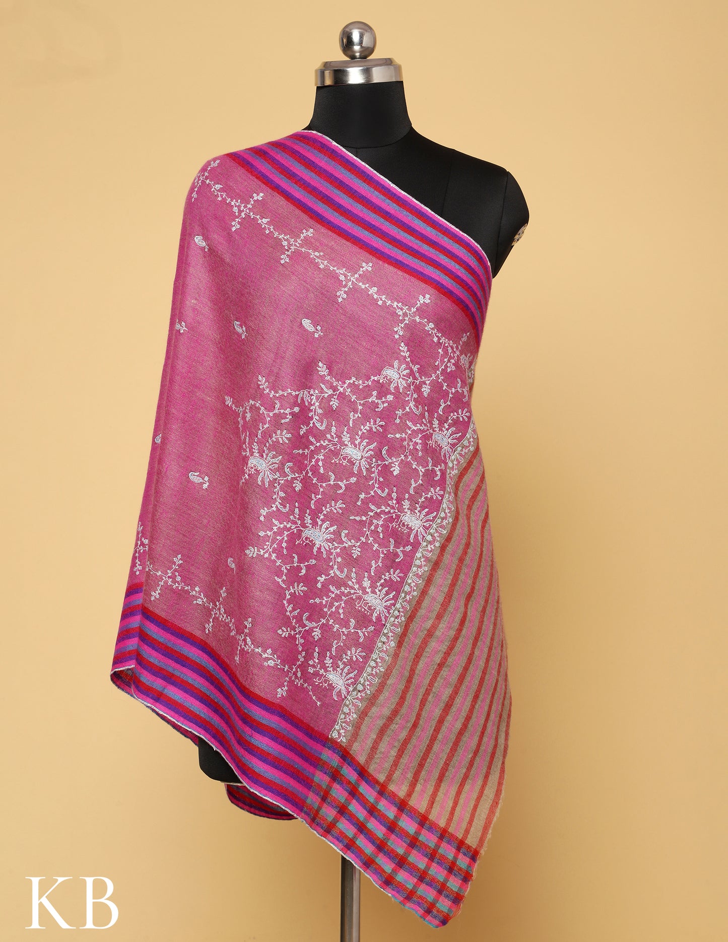Puce Pink Sozni Embroidered and Striped Palla Pure Pashmina Stole - Kashmir Box