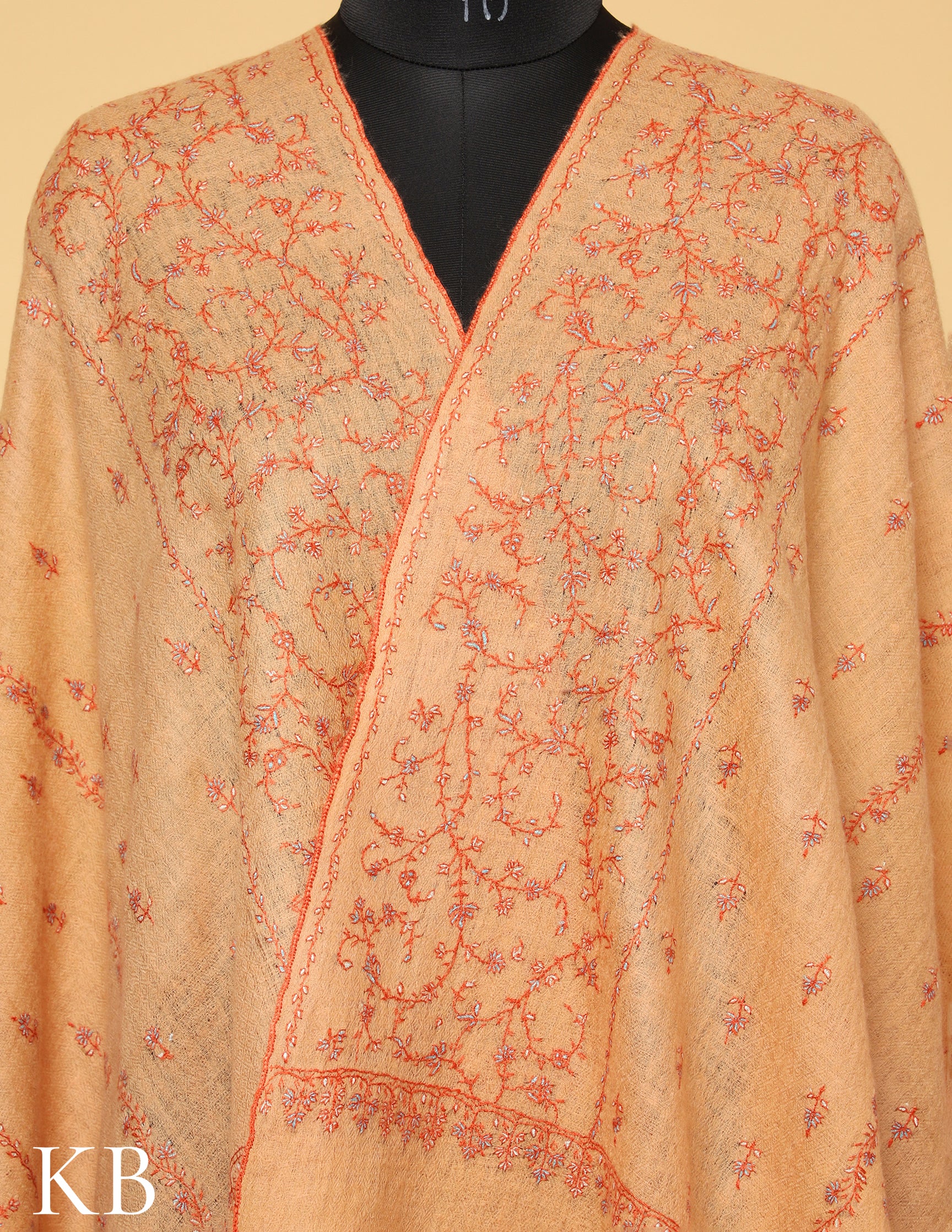 Buff Orange Sozni Embroidered Pure Pashmina Stole - Kashmir Box