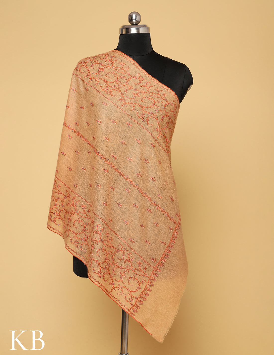 Buff Orange Sozni Embroidered Pure Pashmina Stole - Kashmir Box