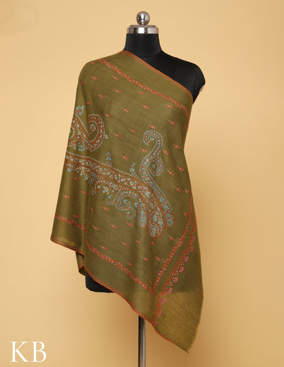 Olive Branch Sozni Embroidered Pure Pashmina Stole - Kashmir Box