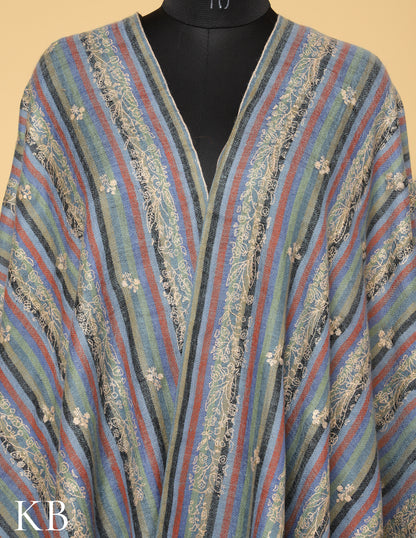 Multicolor Striped Sozni Embroidered Pure Pashmina Stole - Kashmir Box