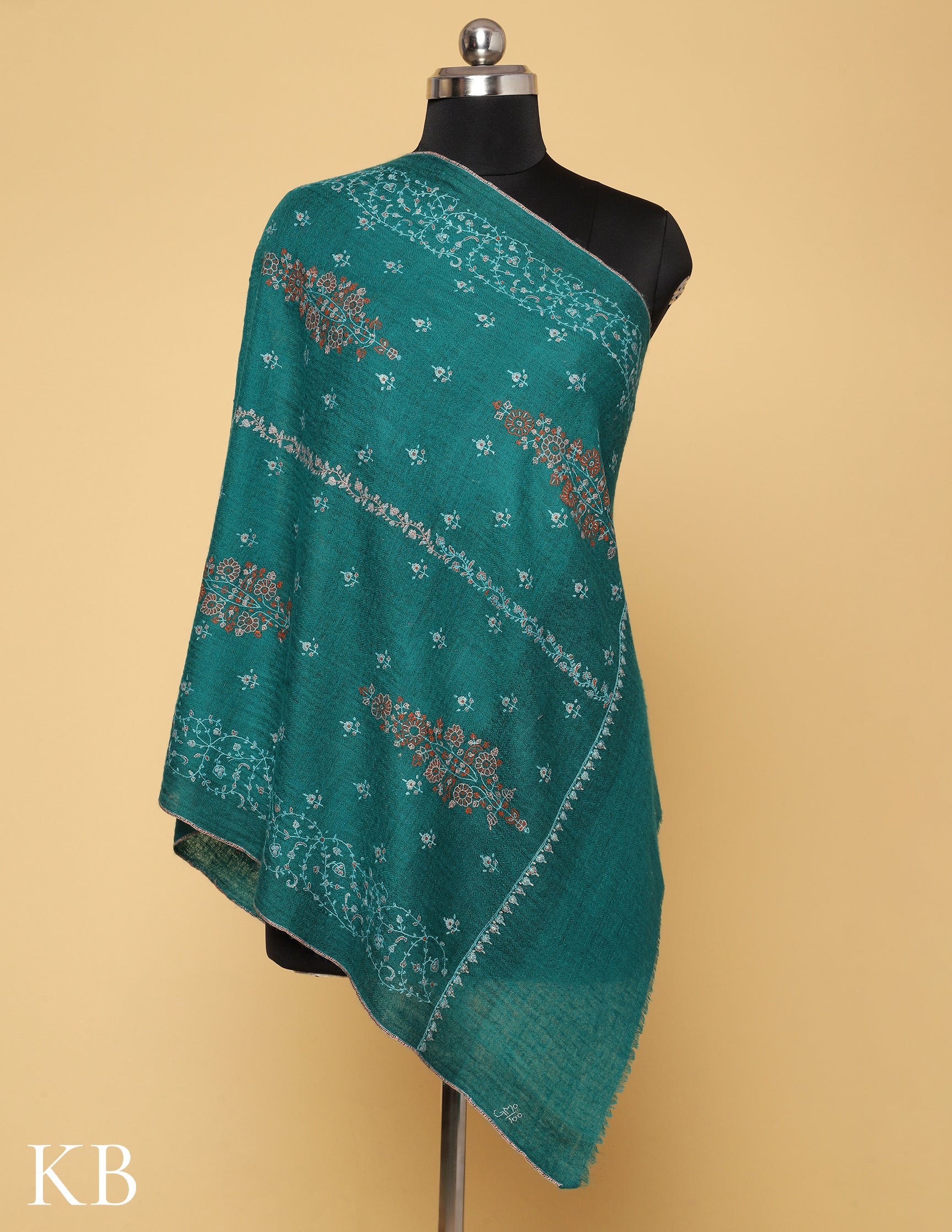 Dark Cyan Sozni Embroidered Pure Pashmina Stole - Kashmir Box