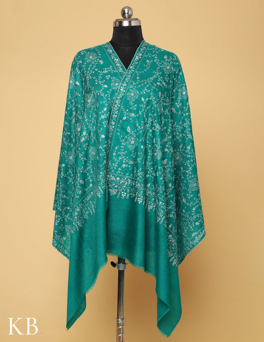 Turquoise Sozni Embroidered Pure Pashmina Stole - Kashmir Box
