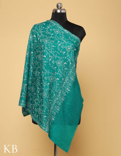Turquoise Sozni Embroidered Pure Pashmina Stole - Kashmir Box
