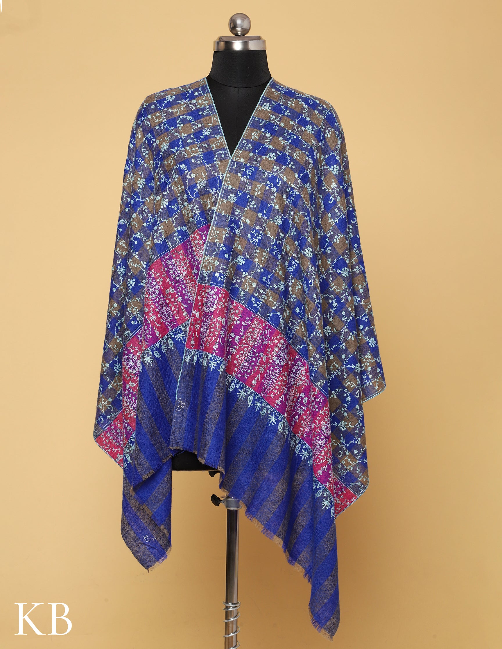 Blue Striped and checked Sozni Embroidered Pure Pashmina Stole - Kashmir Box