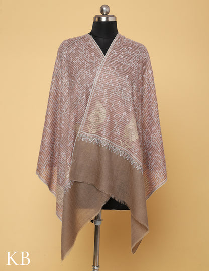 Pastel Stripped Brown Sozni Embroidered Pure Pashmina Stole - Kashmir Box
