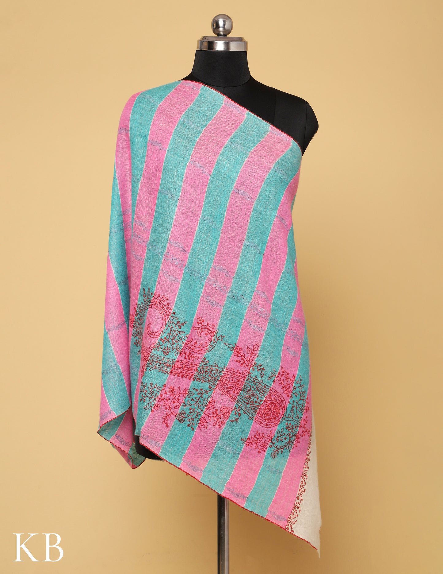 Pink and Turquoise  Stripped Sozni Embroidered Pure Pashmina Stole - Kashmir Box