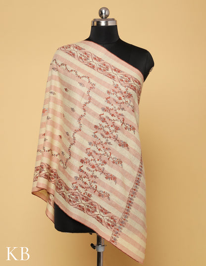 Offwhite Stripped Sozni Embroidered Pure Pashmina Stole - Kashmir Box