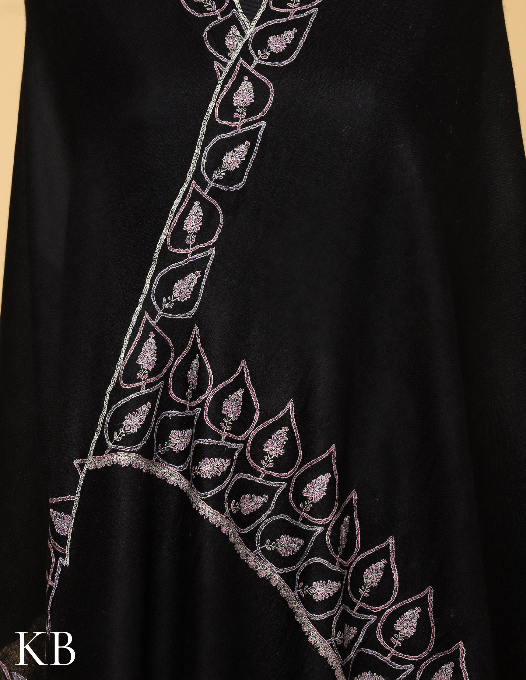 Black Sozni Embroidered Pure Pashmina Stole - Kashmir Box