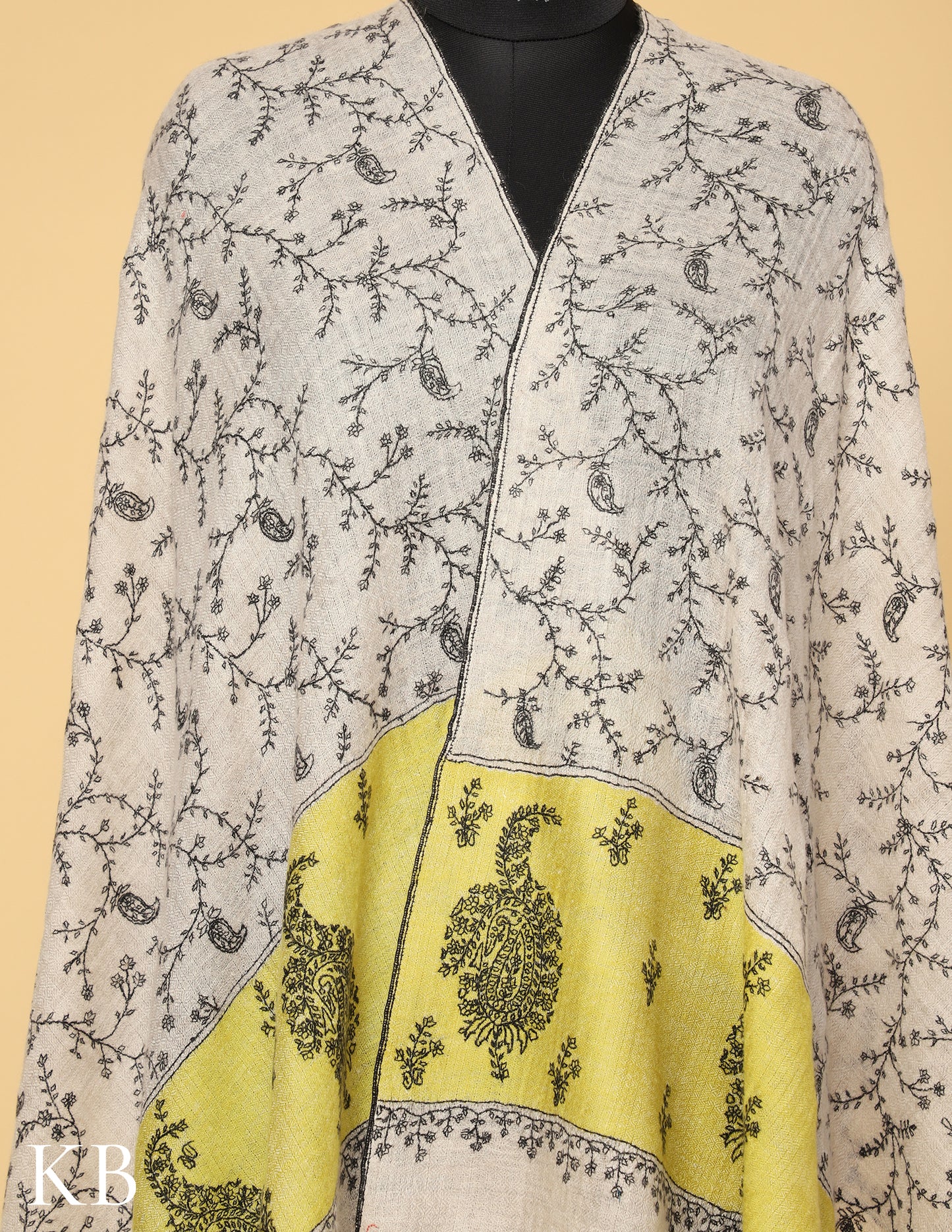 Grey Sozni Embroidered Yellow Palla Pure Pashmina Stole - Kashmir Box