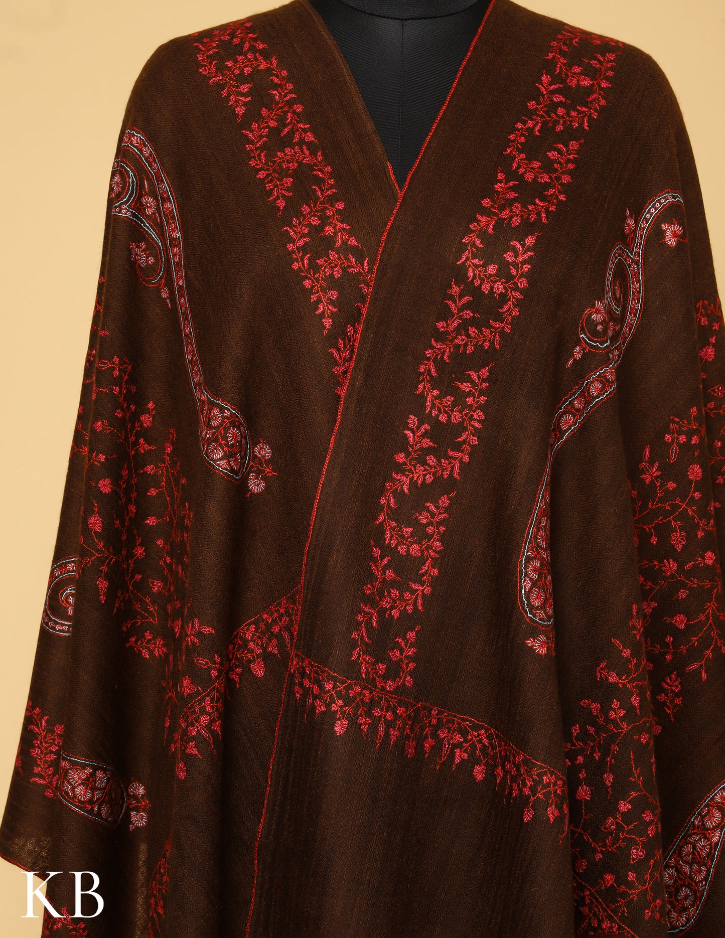 Brown Sozni Embroidered Pure Pashmina Stole - Kashmir Box