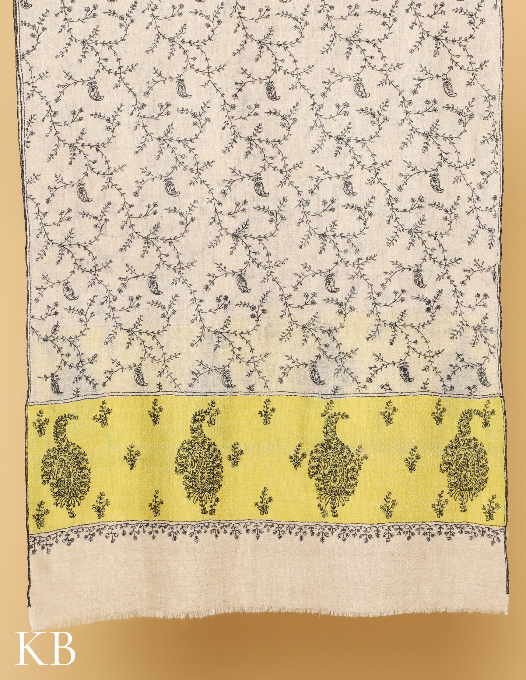 Grey Sozni Embroidered Yellow Palla Pure Pashmina Stole - Kashmir Box