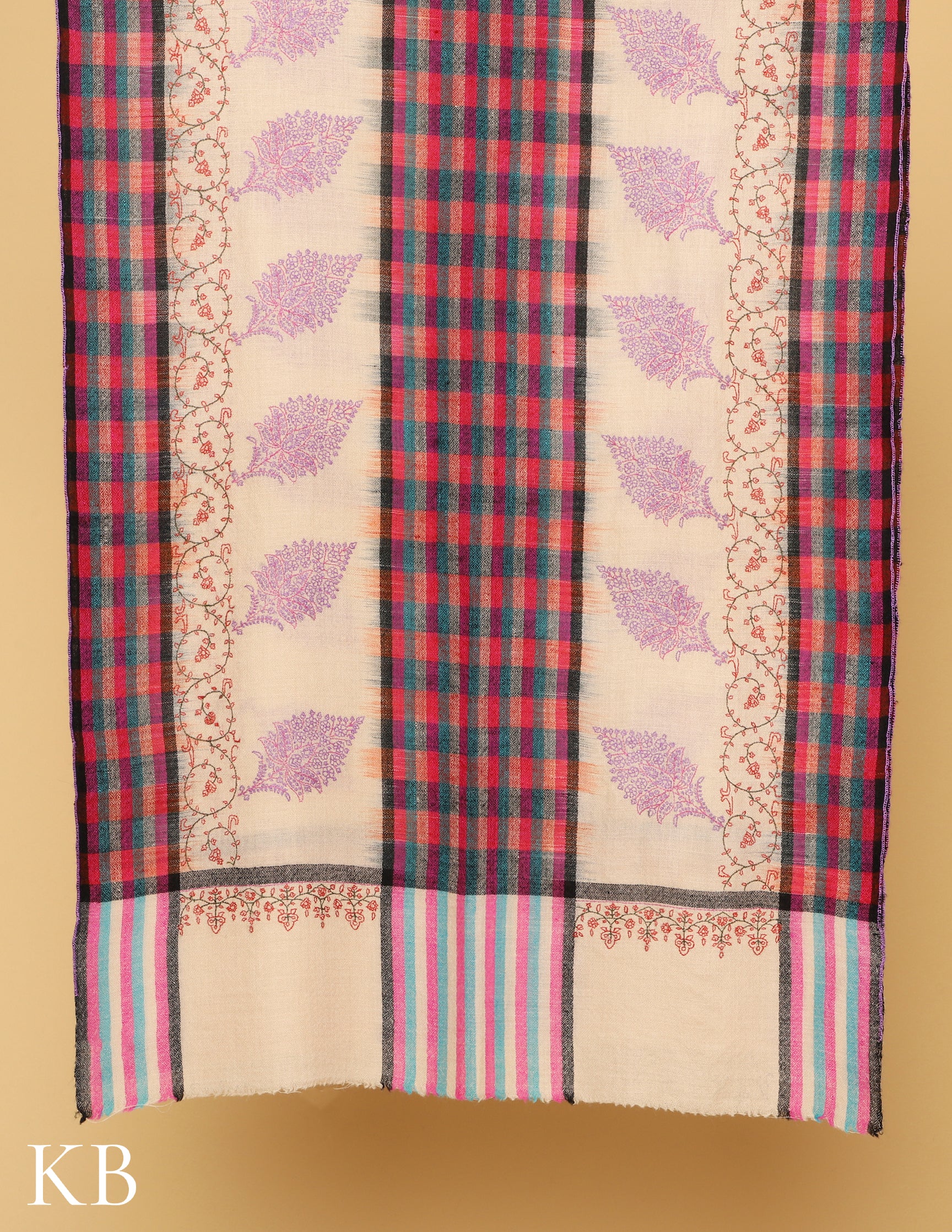Off White Sozni Embroidered Stripped and checked Pure Pashmina Stole - Kashmir Box