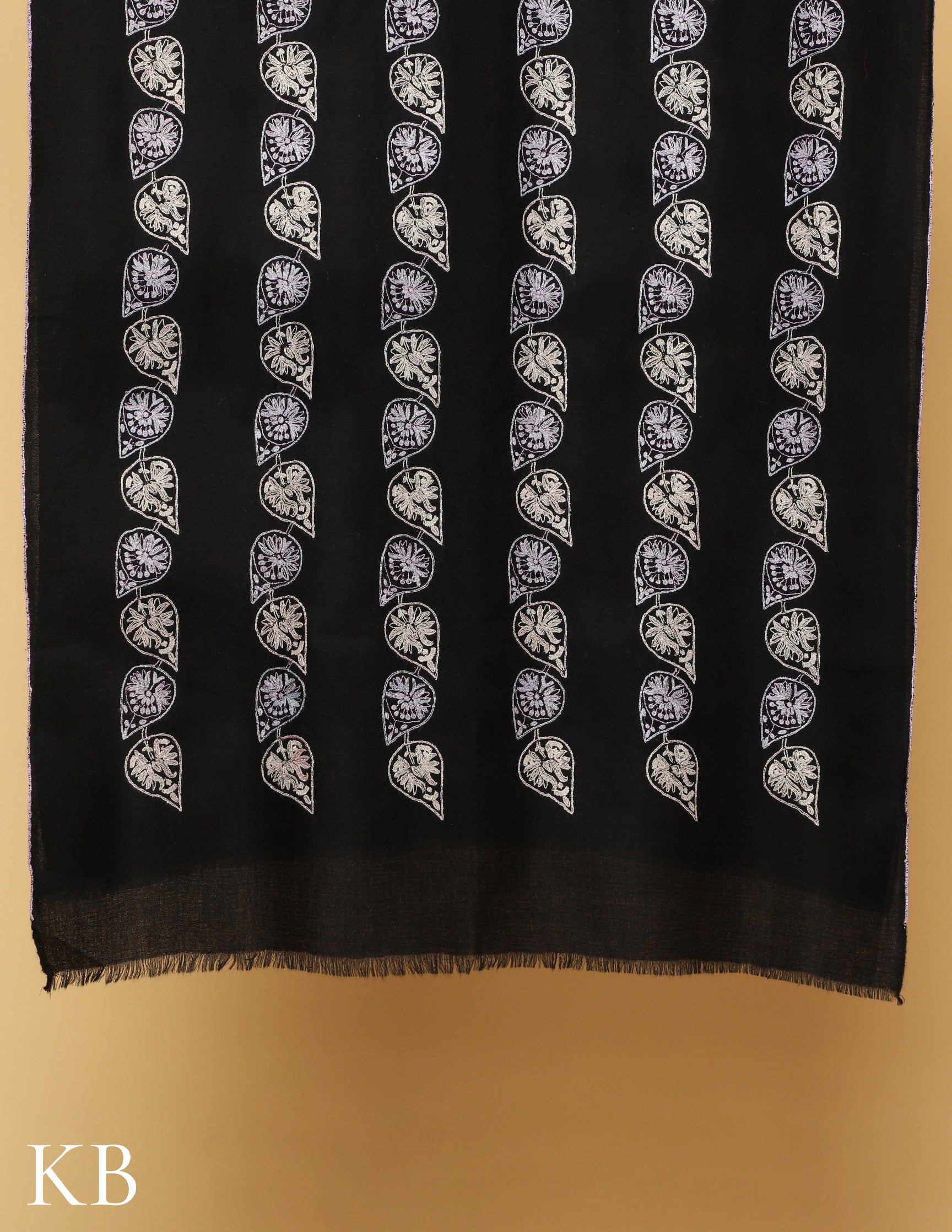 Raven Black Sozni Embroidered Pure Pashmina Stole - Kashmir Box