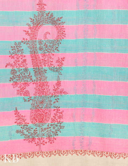 Pink and Turquoise  Stripped Sozni Embroidered Pure Pashmina Stole - Kashmir Box