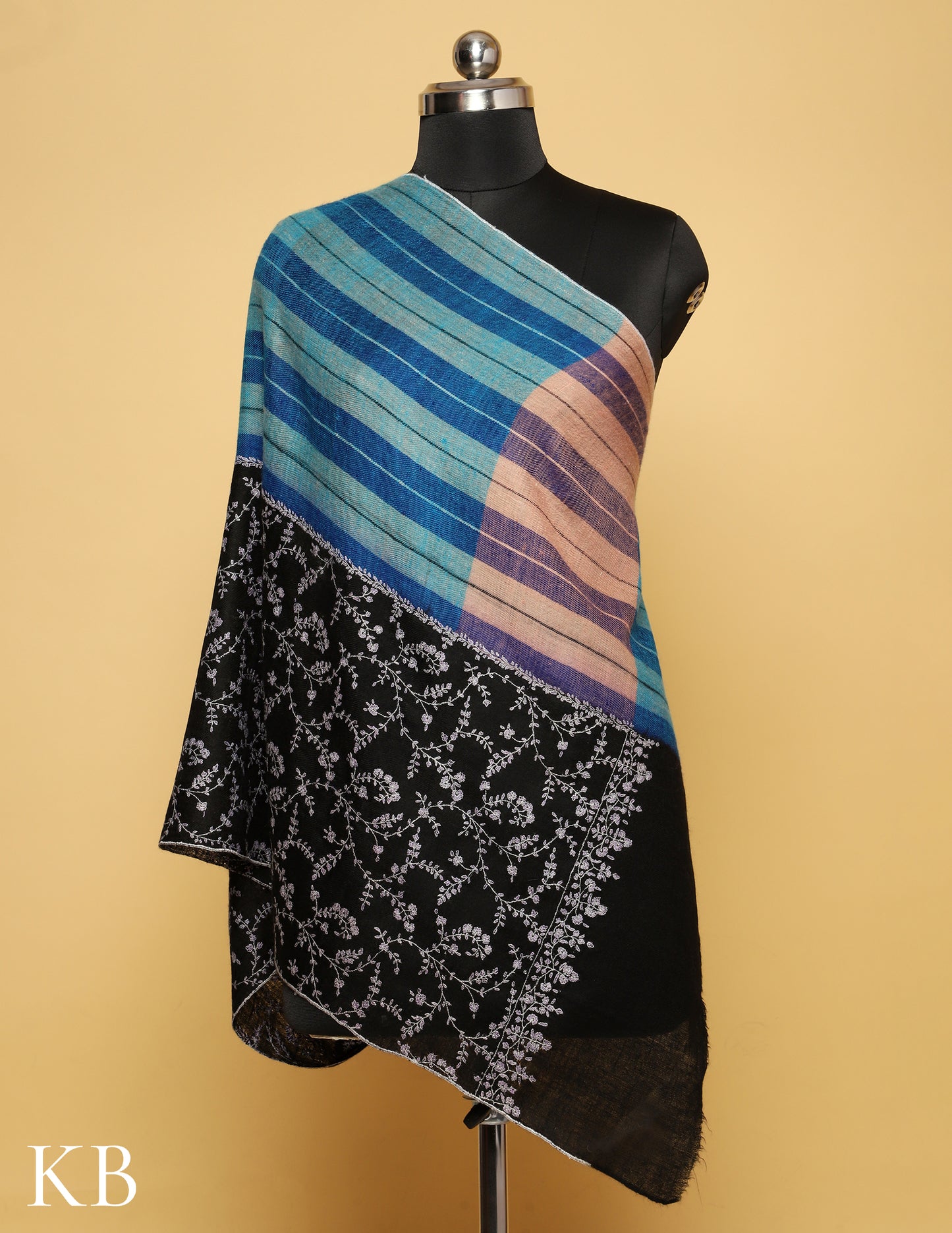 Black Sozni Embroidered And Blue Stripped Pure Pashmina Stole - Kashmir Box