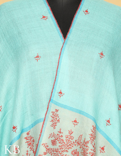 Sky Blue Grey Palla Sozni Embroidered Pure Pashmina Stole - Kashmir Box
