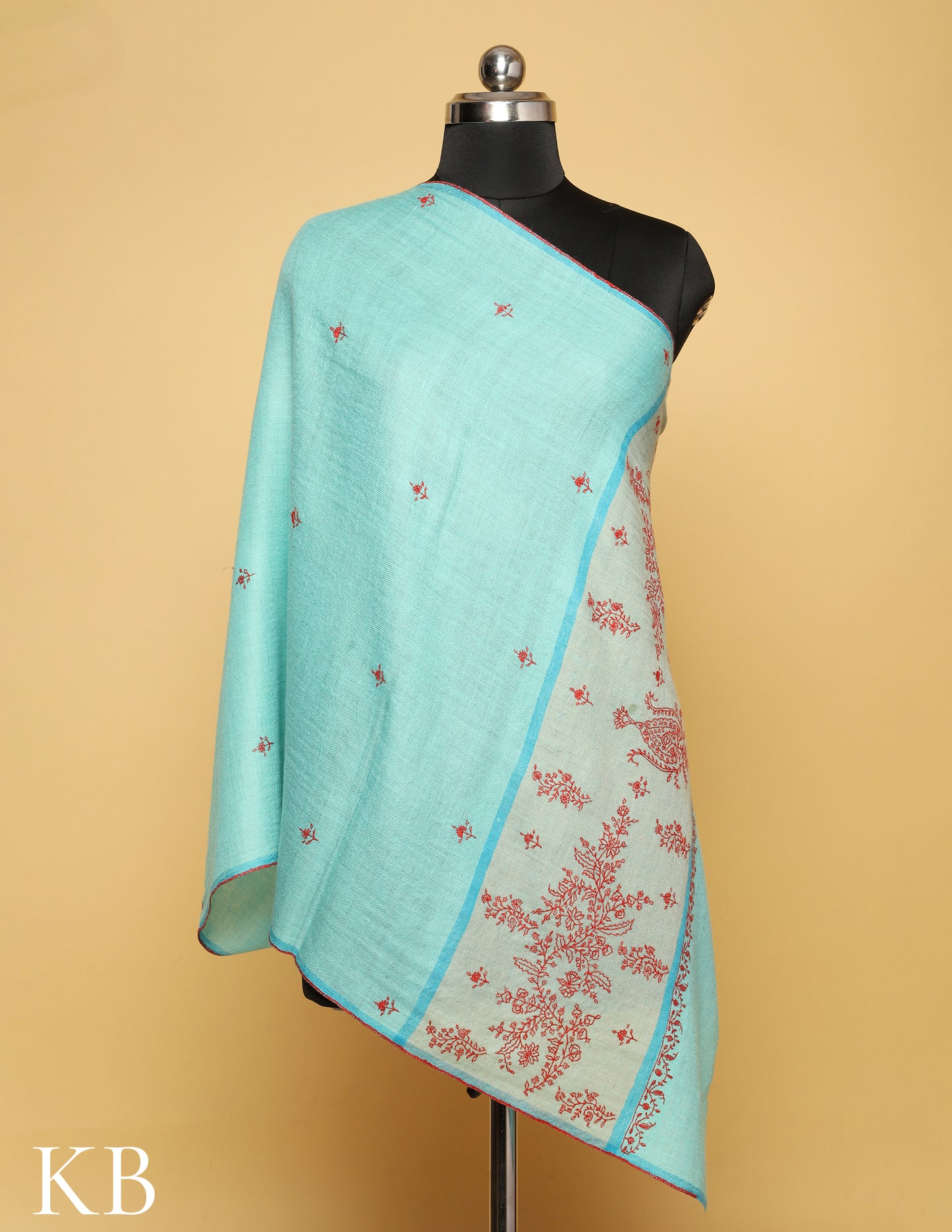 Sky Blue Grey Palla Sozni Embroidered Pure Pashmina Stole - Kashmir Box