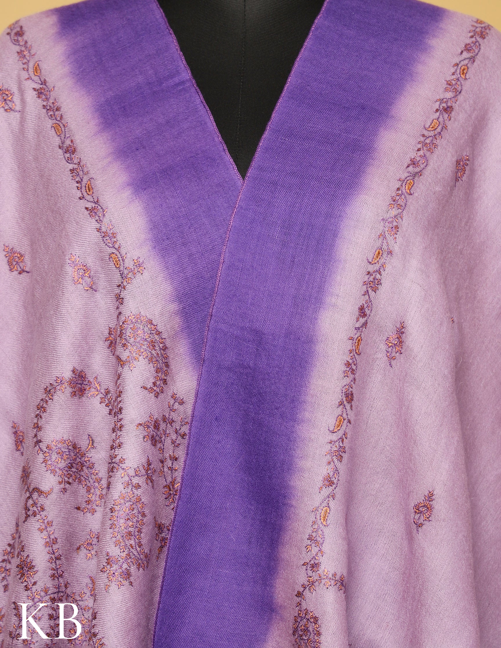Lavender and Purple Sozni Embroidered Pure Pashmina Stole - Kashmir Box