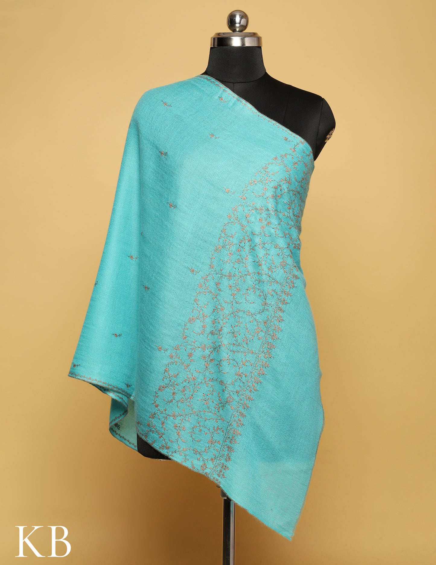 Aqua Sozni Embroidered Pure Pashmina Stole - Kashmir Box