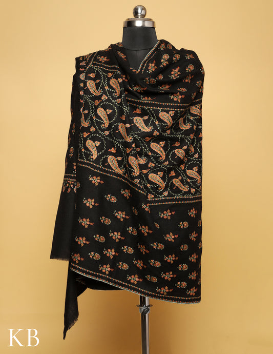 Midnight Black Sozni Embroidered Pure Pashmina Shawl - Kashmir Box