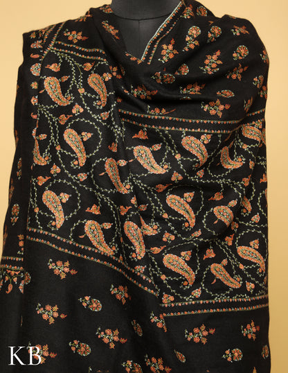Midnight Black Sozni Embroidered Pure Pashmina Shawl - Kashmir Box