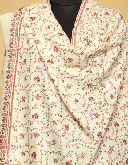 Snow White Sozni Embroidered Pure Pashmina Shawl - Kashmir Box