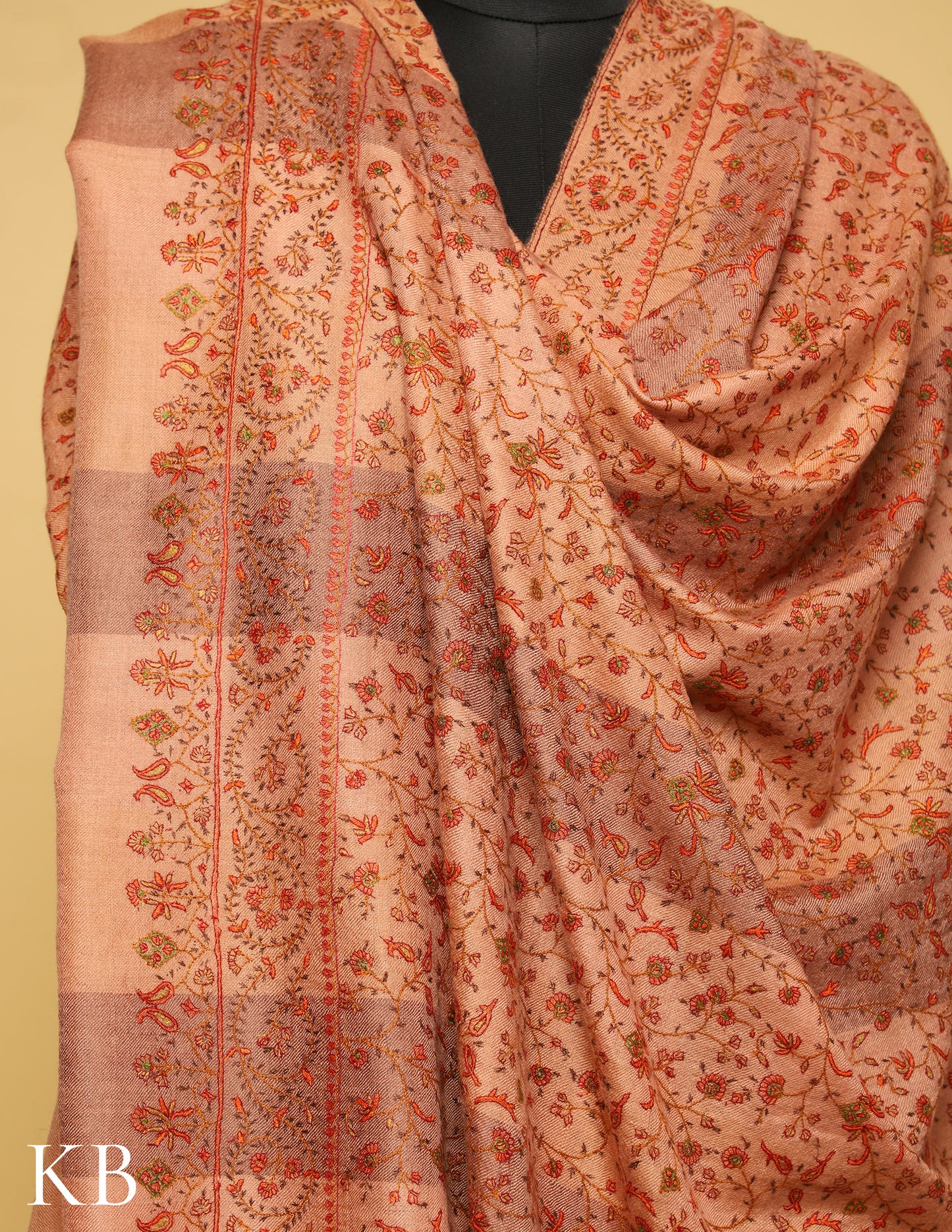 Buff Orange Sozni Embroidered And Stripped Pure Pashmina Shawl - Kashmir Box