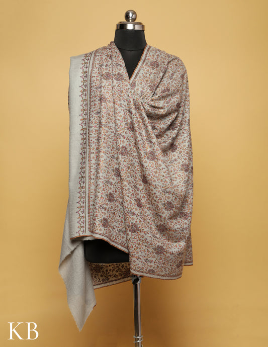 Cool Grey Sozni Embroidered Pure Pashmina Shawl - Kashmir Box