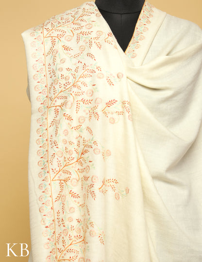 White Pearl  Sozni Embroidered Pure Pashmina Shawl - Kashmir Box