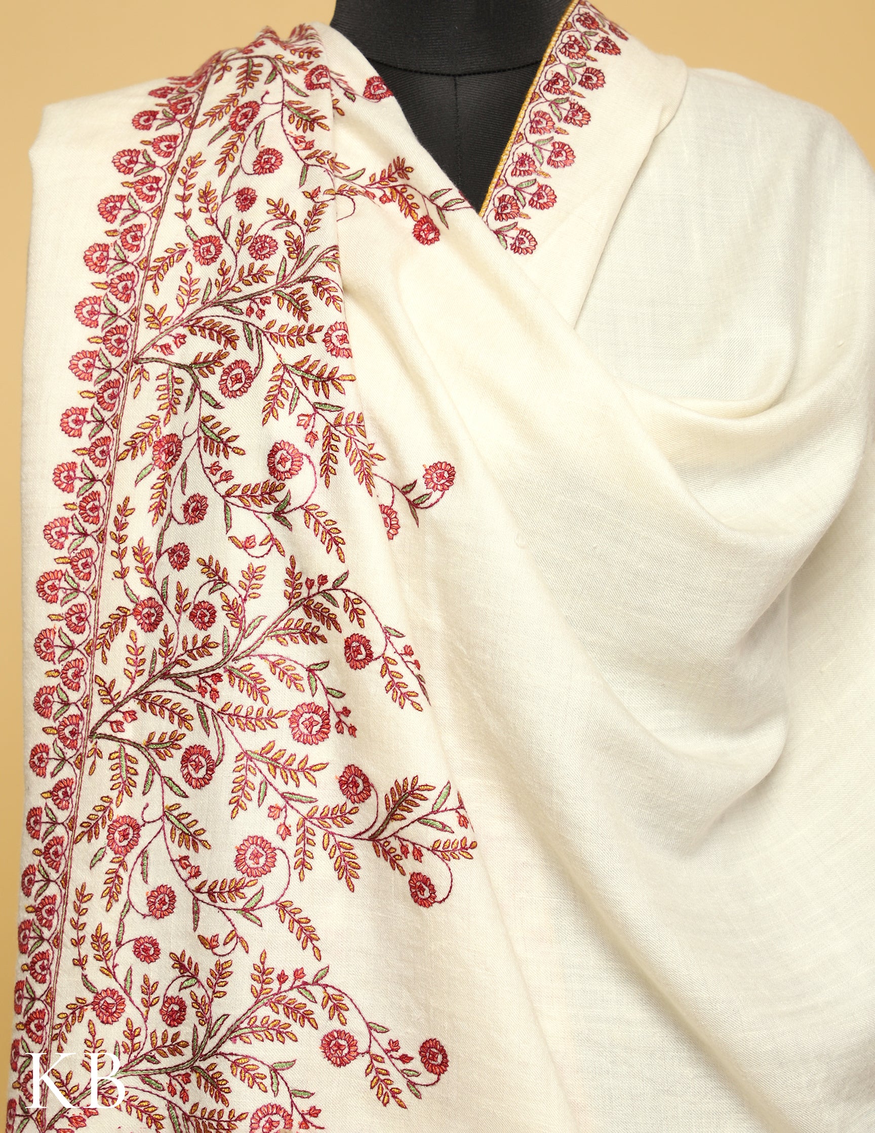 White Pure Pashmina Sozni Embroidered Shawl - Kashmir Box