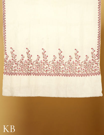 White Pure Pashmina Sozni Embroidered Shawl - Kashmir Box